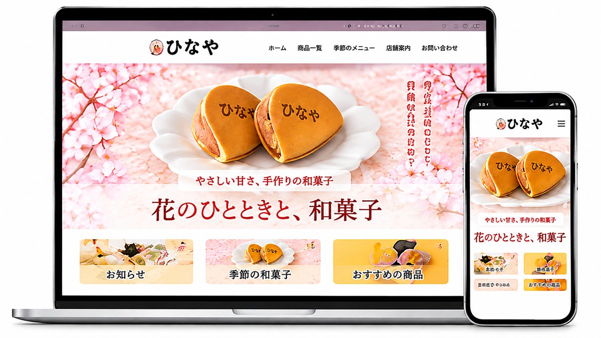 和菓子店のホームページの見本(パソコンとスマホ)