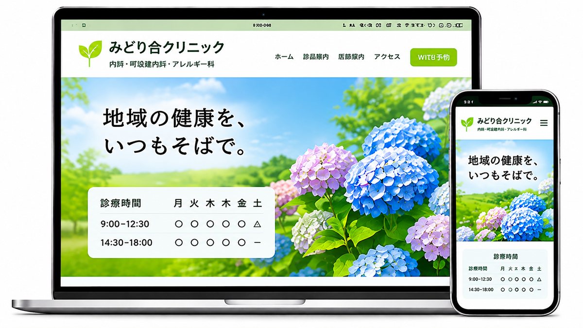 クリニックのホームページの見本(パソコンとスマホ)